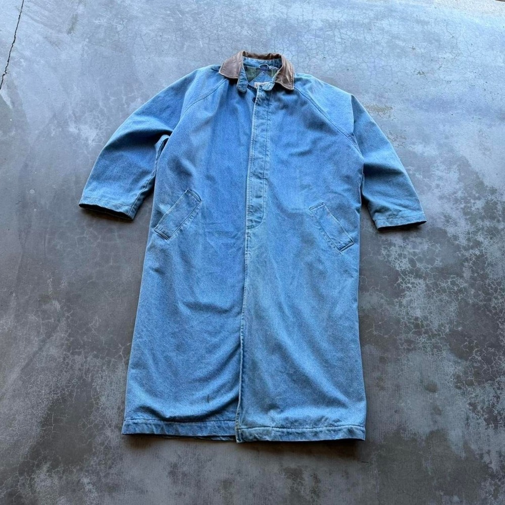 Vintage 90's Blue Creek Jeans Long Duster Trench Coat Jacket  leather collar